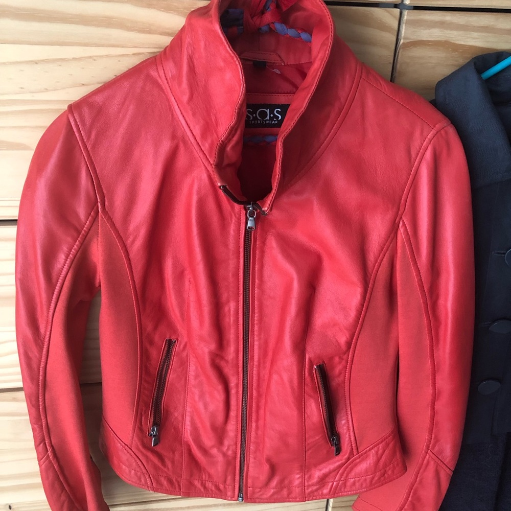 Red stretchy leather jacket